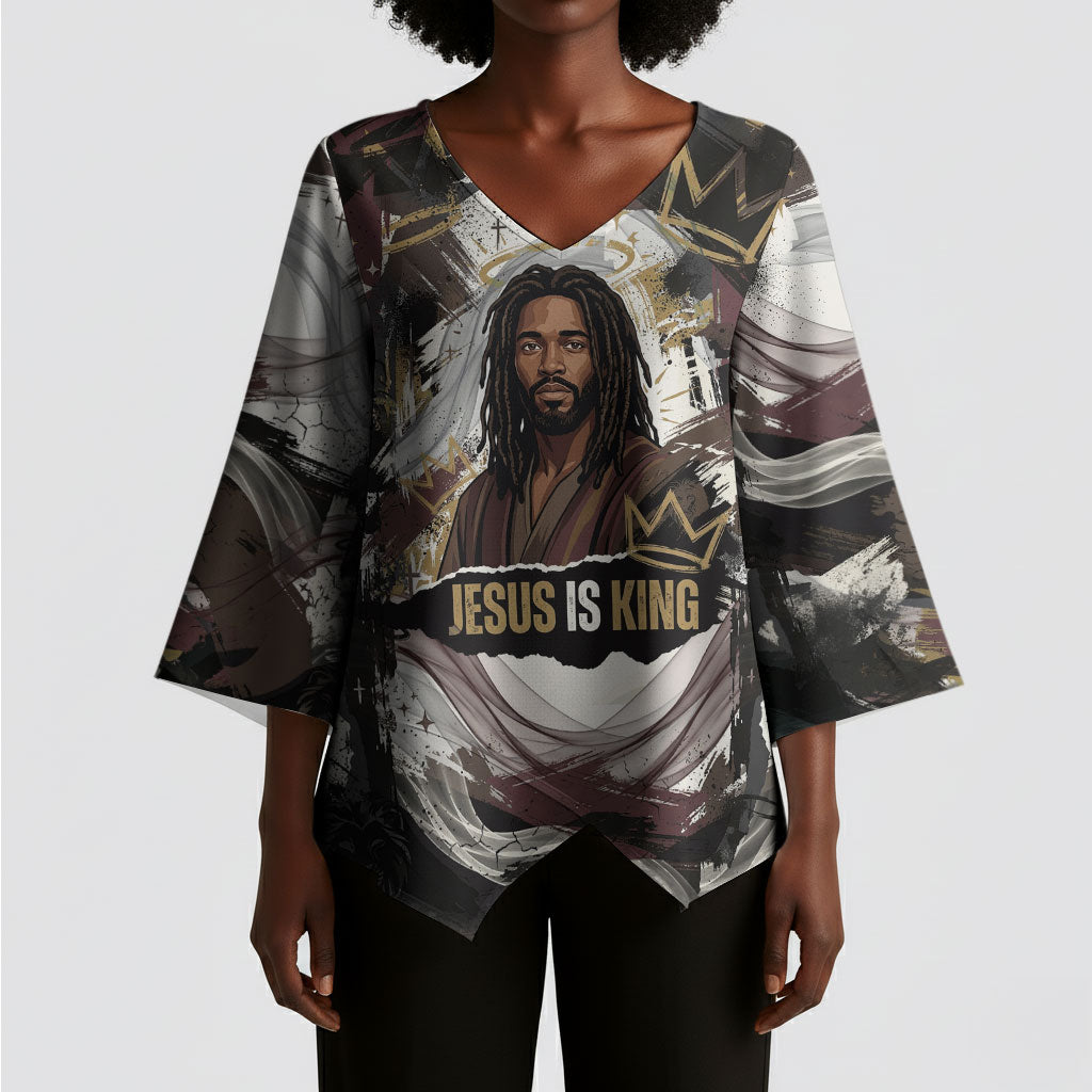 King Of Kings Jesus Is King Lion Of Judah Africa Kimono Sleeve Blouse Black Christ Religious Faith Lion Crown Grunge