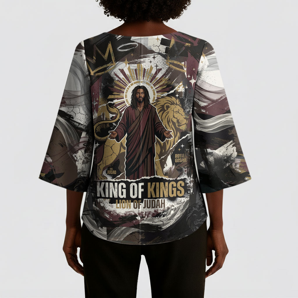 King Of Kings Jesus Is King Lion Of Judah Africa Kimono Sleeve Blouse Black Christ Religious Faith Lion Crown Grunge