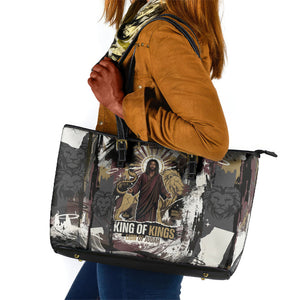King Of Kings Jesus Is King Lion Of Judah Africa Leather Tote Bag Black Christ Religious Faith Lion Crown Grunge