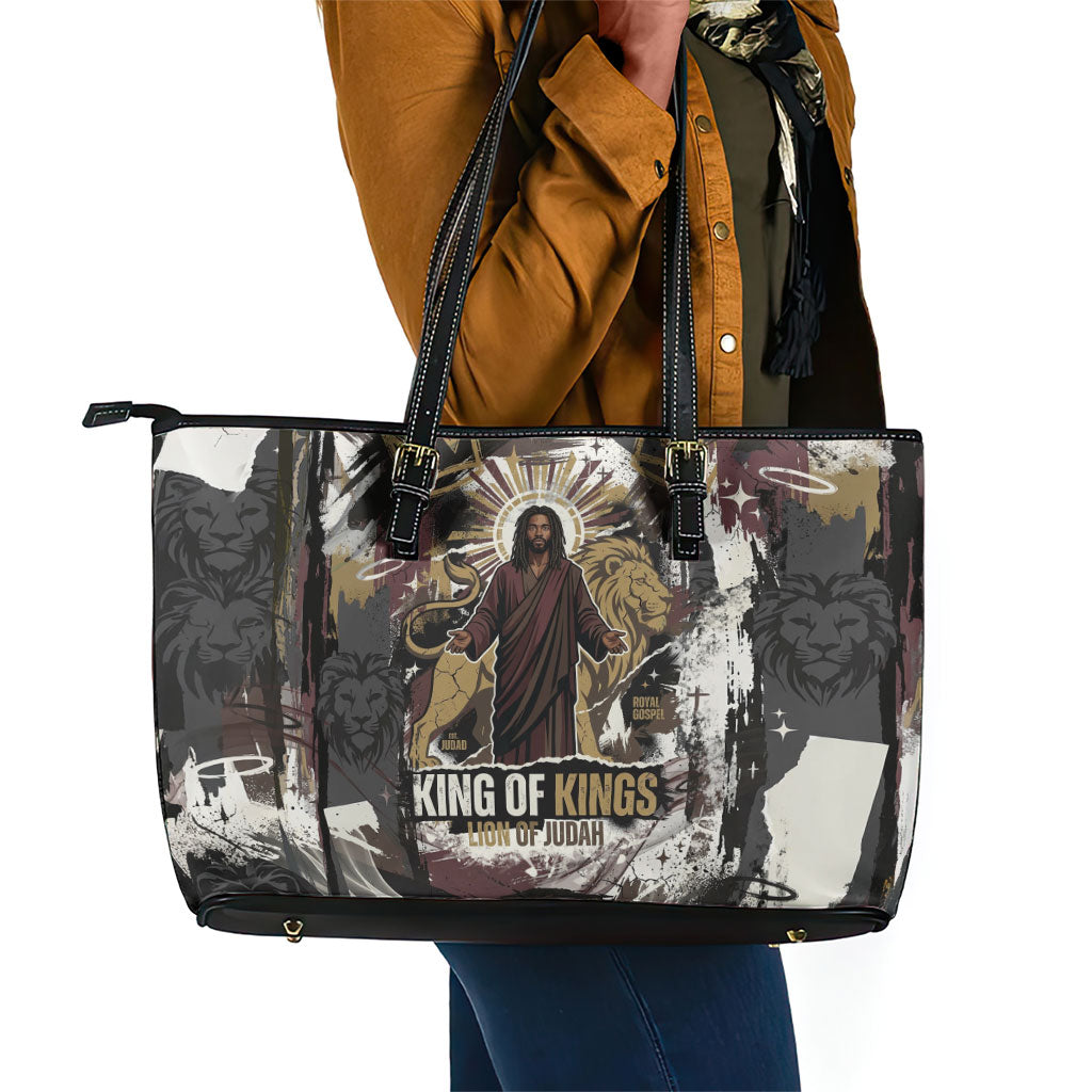 King Of Kings Jesus Is King Lion Of Judah Africa Leather Tote Bag Black Christ Religious Faith Lion Crown Grunge