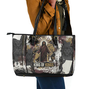 King Of Kings Jesus Is King Lion Of Judah Africa Leather Tote Bag Black Christ Religious Faith Lion Crown Grunge