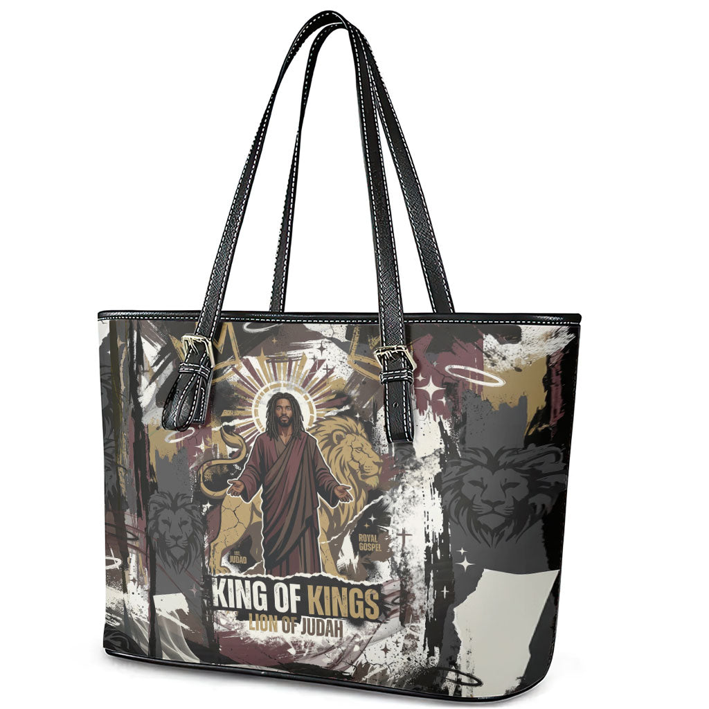 King Of Kings Jesus Is King Lion Of Judah Africa Leather Tote Bag Black Christ Religious Faith Lion Crown Grunge