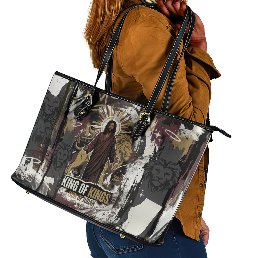 King Of Kings Jesus Is King Lion Of Judah Africa Leather Tote Bag Black Christ Religious Faith Lion Crown Grunge