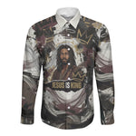 King Of Kings Jesus Is King Lion Of Judah Africa Long Sleeve Button Shirt Black Christ Religious Faith Lion Crown Grunge