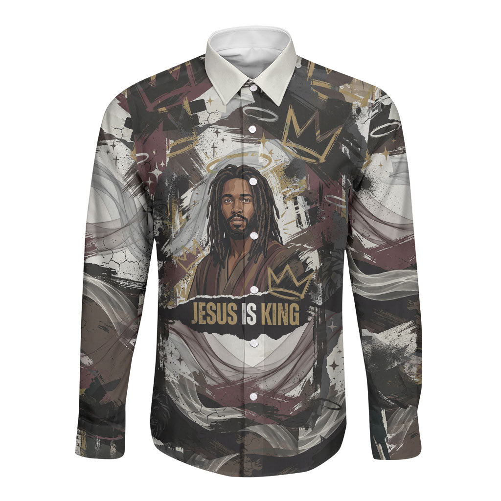 King Of Kings Jesus Is King Lion Of Judah Africa Long Sleeve Button Shirt Black Christ Religious Faith Lion Crown Grunge