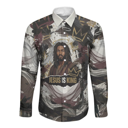 King Of Kings Jesus Is King Lion Of Judah Africa Long Sleeve Button Shirt Black Christ Religious Faith Lion Crown Grunge