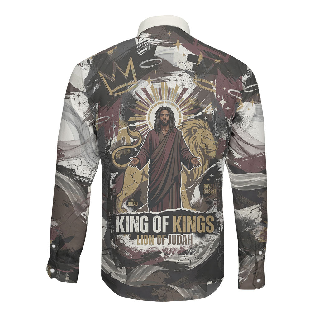 King Of Kings Jesus Is King Lion Of Judah Africa Long Sleeve Button Shirt Black Christ Religious Faith Lion Crown Grunge
