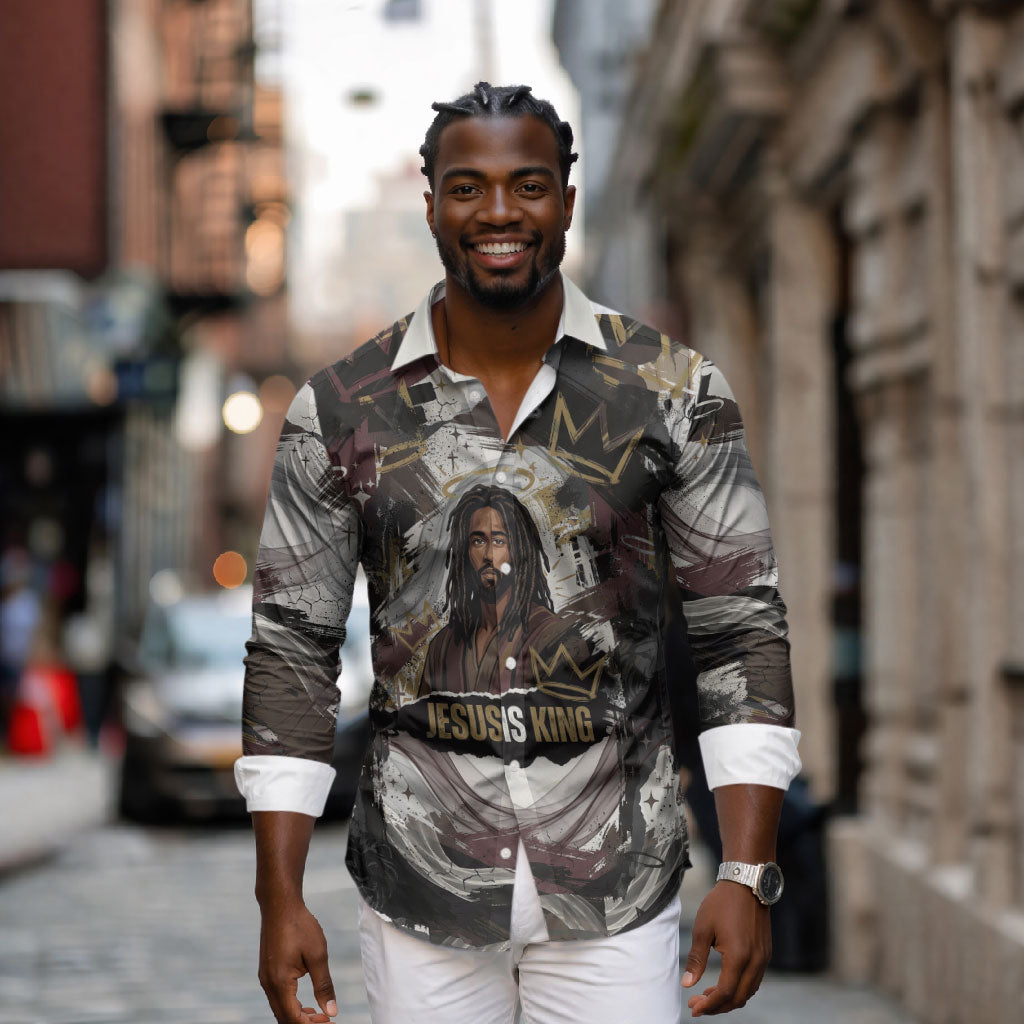 King Of Kings Jesus Is King Lion Of Judah Africa Long Sleeve Button Shirt Black Christ Religious Faith Lion Crown Grunge