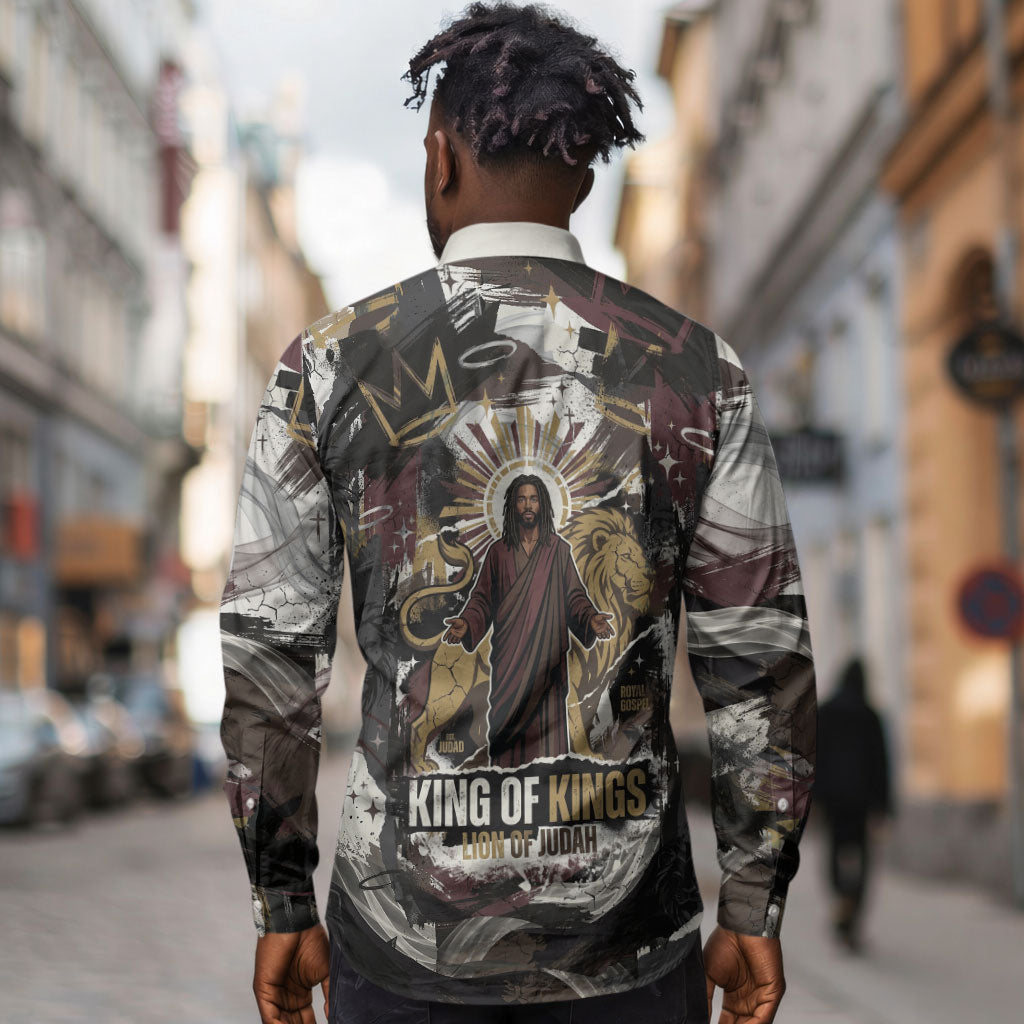 King Of Kings Jesus Is King Lion Of Judah Africa Long Sleeve Button Shirt Black Christ Religious Faith Lion Crown Grunge