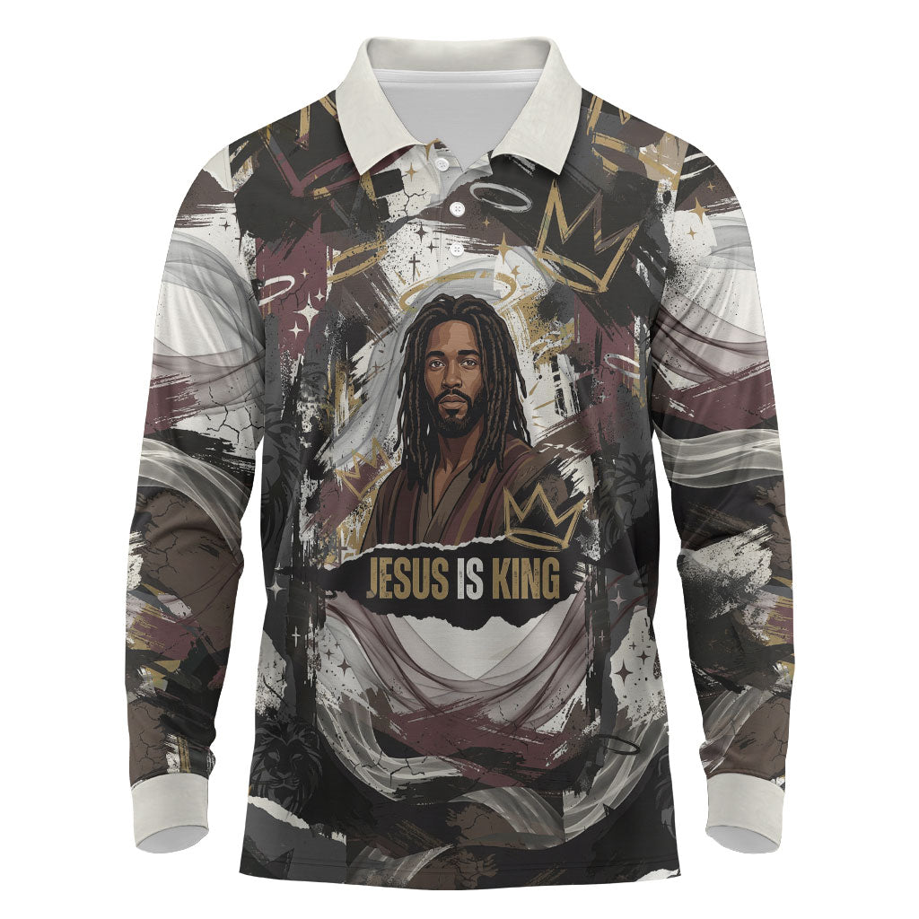 King Of Kings Jesus Is King Lion Of Judah Africa Long Sleeve Polo Shirt Black Christ Religious Faith Lion Crown Grunge