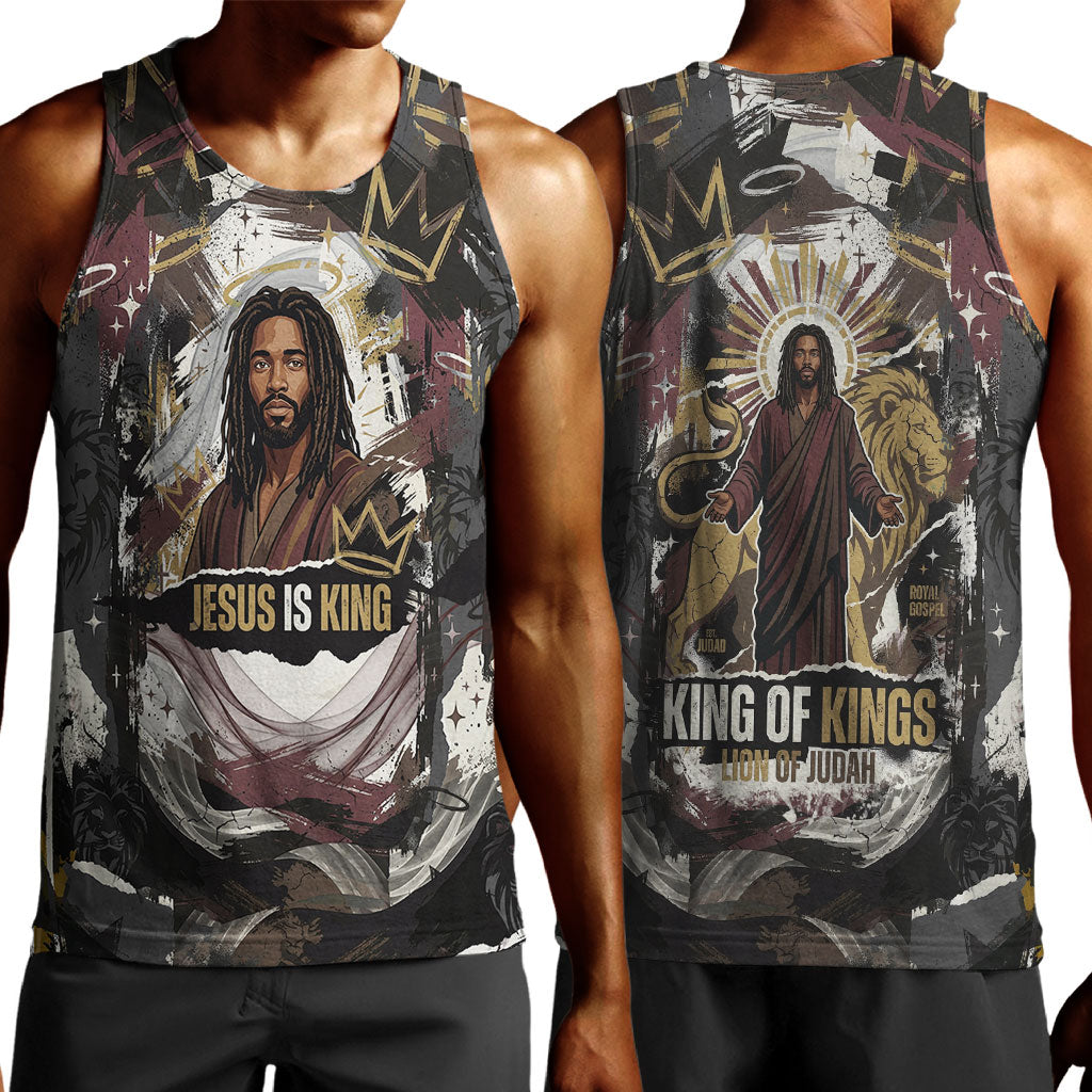 King Of Kings Jesus Is King Lion Of Judah Africa Men Tank Top Black Christ Religious Faith Lion Crown Grunge
