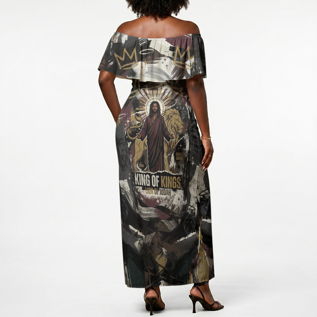 King Of Kings Jesus Is King Lion Of Judah Africa Off Shoulder Maxi Dress Black Christ Religious Faith Lion Crown Grunge