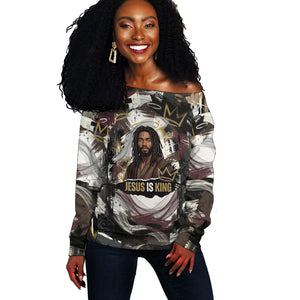 King Of Kings Jesus Is King Lion Of Judah Africa Off Shoulder Sweater Black Christ Religious Faith Lion Crown Grunge