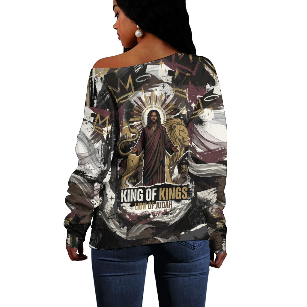 King Of Kings Jesus Is King Lion Of Judah Africa Off Shoulder Sweater Black Christ Religious Faith Lion Crown Grunge