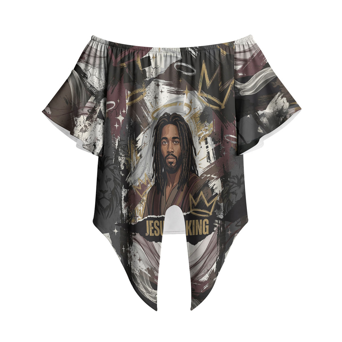 King Of Kings Jesus Is King Lion Of Judah Africa Off Shoulder Wrap Waist Top Black Christ Religious Faith Lion Crown Grunge
