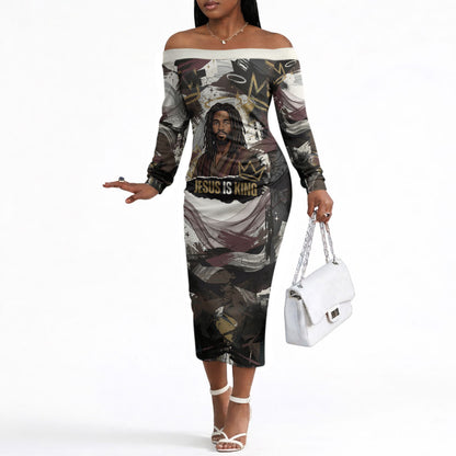 King Of Kings Jesus Is King Lion Of Judah Africa Off The Shoulder Long Sleeve Dress Black Christ Religious Faith Lion Crown Grunge
