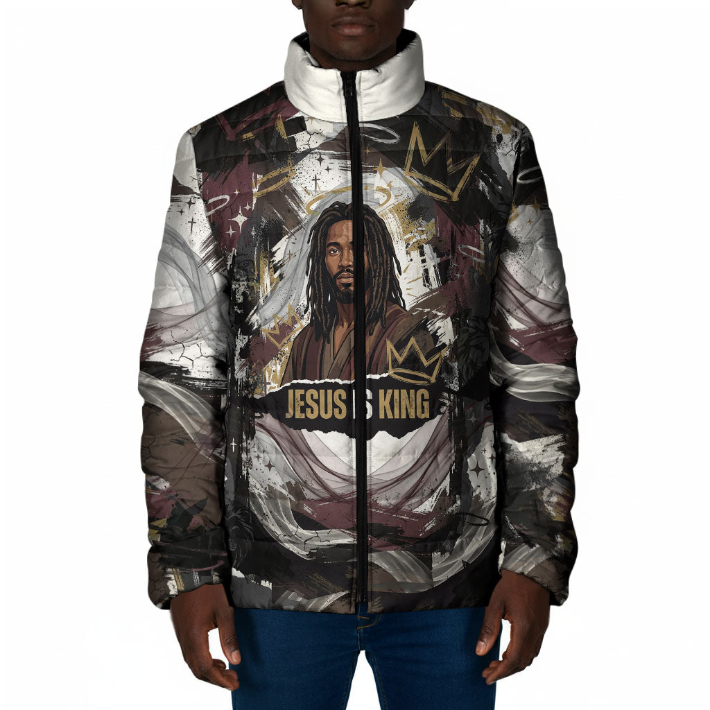 King Of Kings Jesus Is King Lion Of Judah Africa Padded Jacket Black Christ Religious Faith Lion Crown Grunge