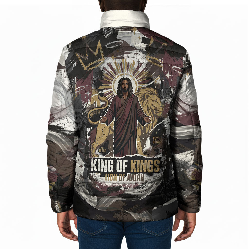 King Of Kings Jesus Is King Lion Of Judah Africa Padded Jacket Black Christ Religious Faith Lion Crown Grunge