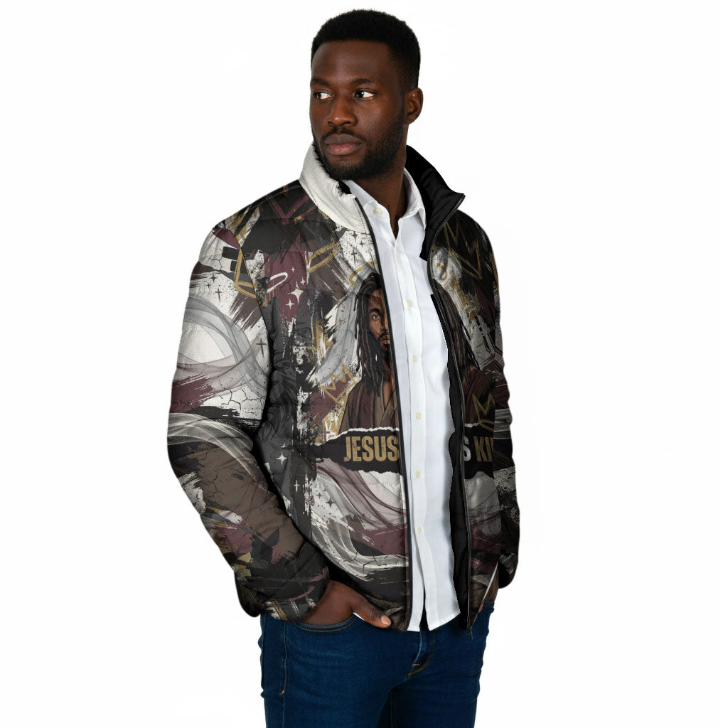 King Of Kings Jesus Is King Lion Of Judah Africa Padded Jacket Black Christ Religious Faith Lion Crown Grunge