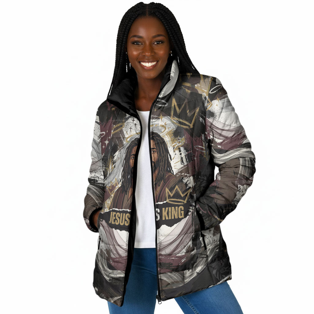 King Of Kings Jesus Is King Lion Of Judah Africa Padded Jacket Black Christ Religious Faith Lion Crown Grunge