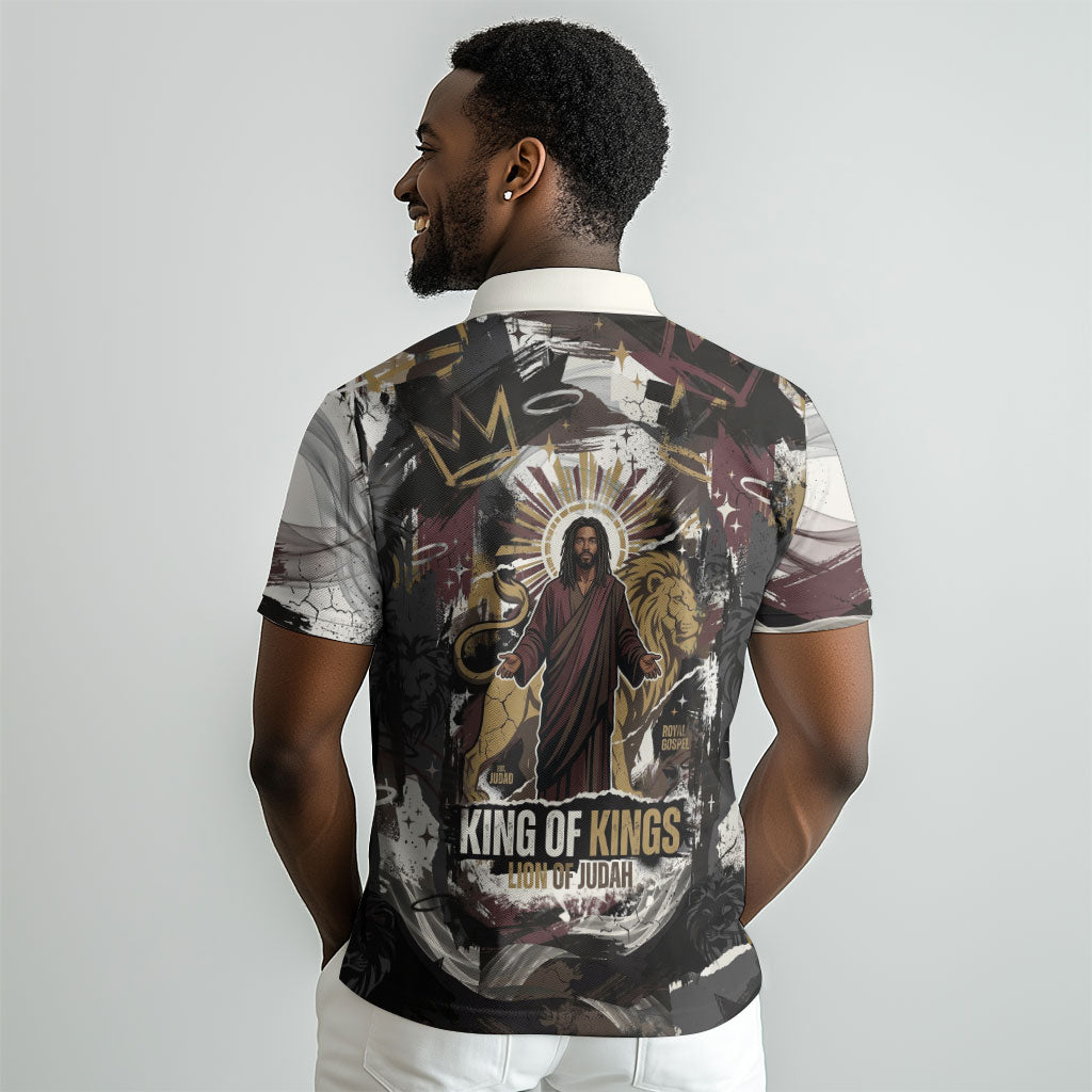 King Of Kings Jesus Is King Lion Of Judah Africa Polo Shirt Black Christ Religious Faith Lion Crown Grunge