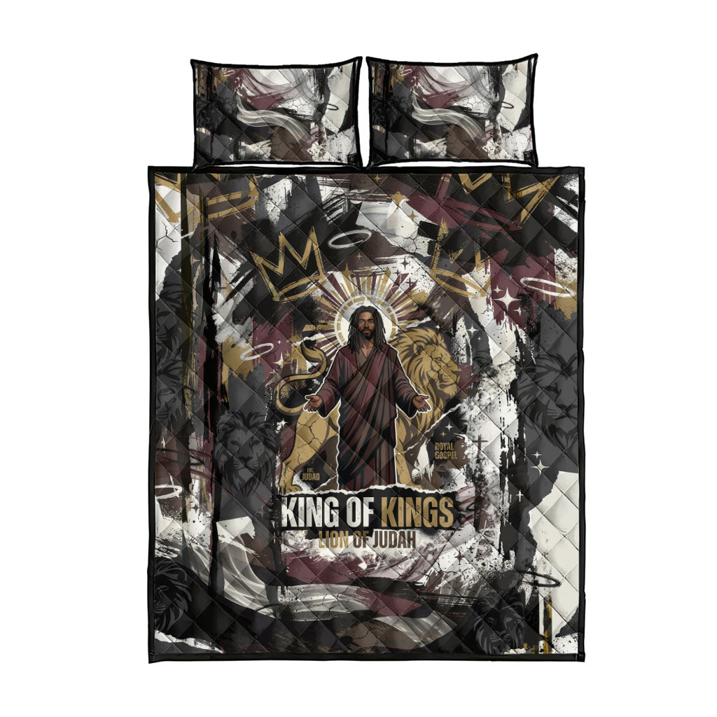 King Of Kings Jesus Is King Lion Of Judah Africa Quilt Bed Set Black Christ Religious Faith Lion Crown Grunge