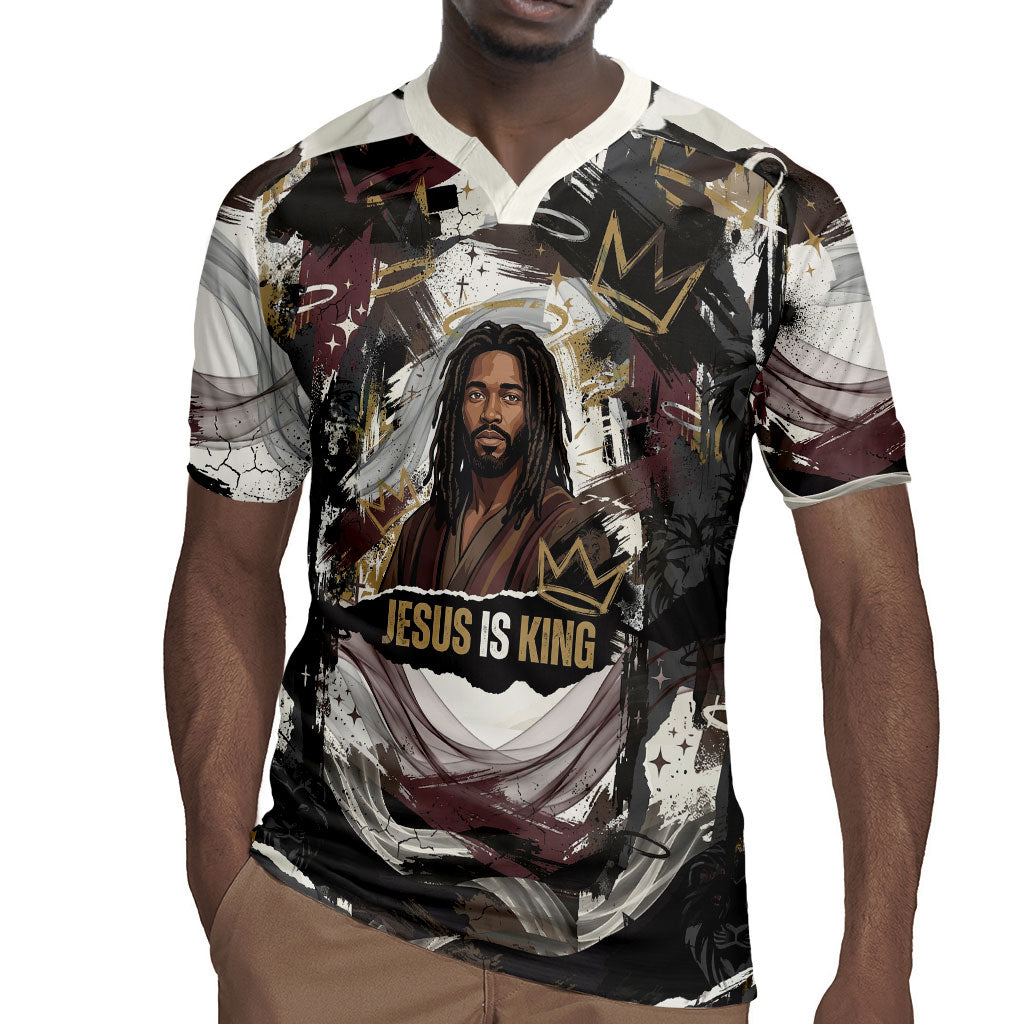 King Of Kings Jesus Is King Lion Of Judah Africa Rugby Jersey Black Christ Religious Faith Lion Crown Grunge