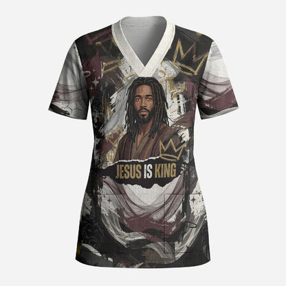 King Of Kings Jesus Is King Lion Of Judah Africa Scrub Top Black Christ Religious Faith Lion Crown Grunge