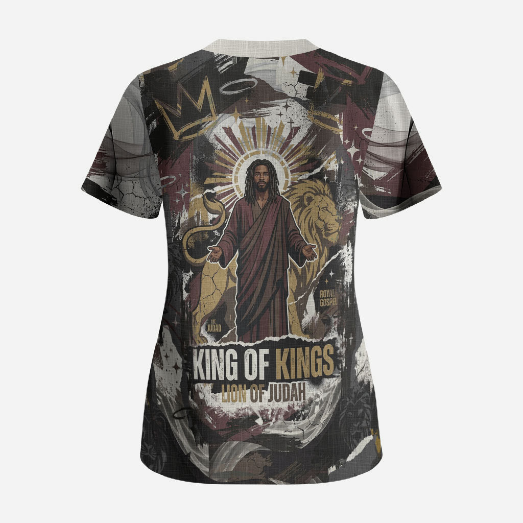 King Of Kings Jesus Is King Lion Of Judah Africa Scrub Top Black Christ Religious Faith Lion Crown Grunge