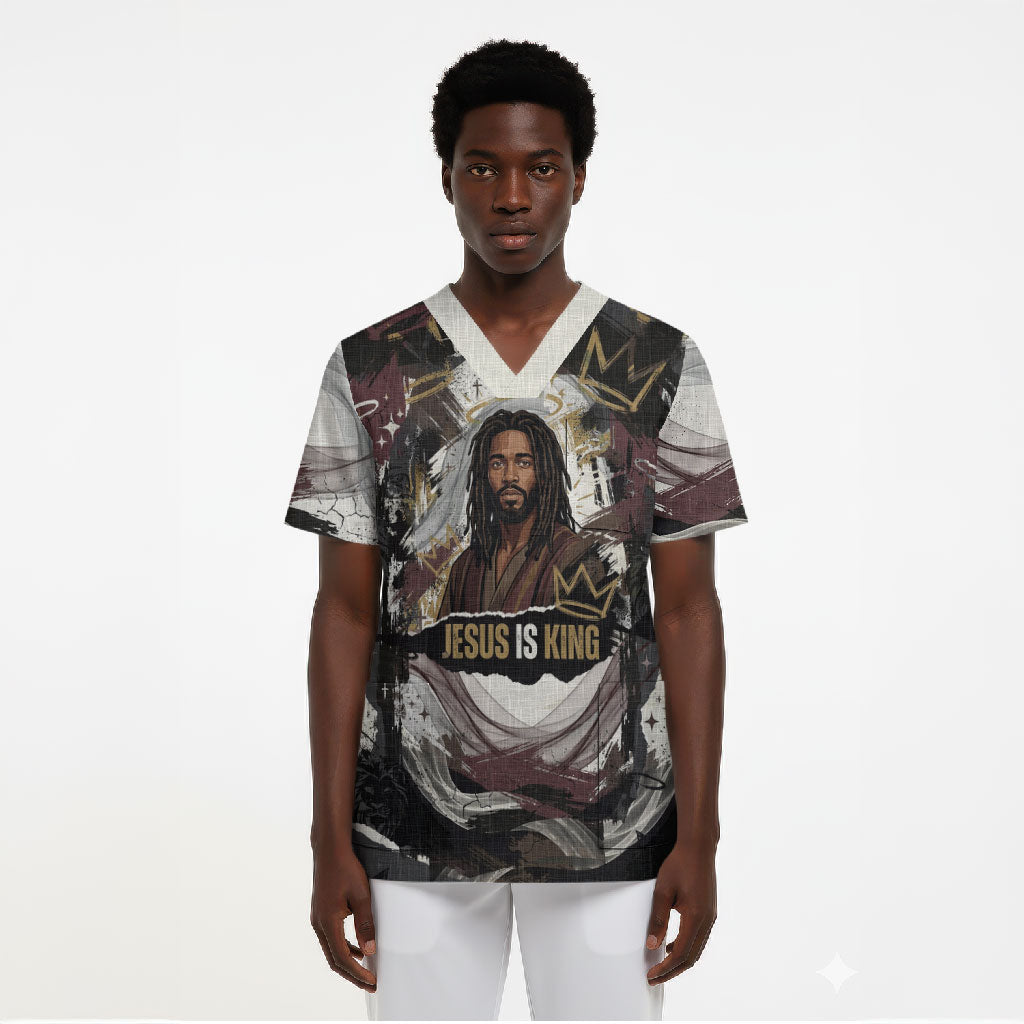 King Of Kings Jesus Is King Lion Of Judah Africa Scrub Top Black Christ Religious Faith Lion Crown Grunge