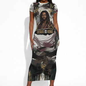 King Of Kings Jesus Is King Lion Of Judah Africa Short Sleeve Bodycon Dress Black Christ Religious Faith Lion Crown Grunge