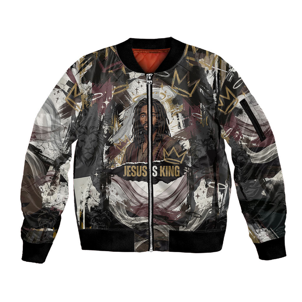 King Of Kings Jesus Is King Lion Of Judah Africa Sleeve Zip Bomber Jacket Black Christ Religious Faith Lion Crown Grunge