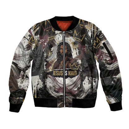 King Of Kings Jesus Is King Lion Of Judah Africa Sleeve Zip Bomber Jacket Black Christ Religious Faith Lion Crown Grunge