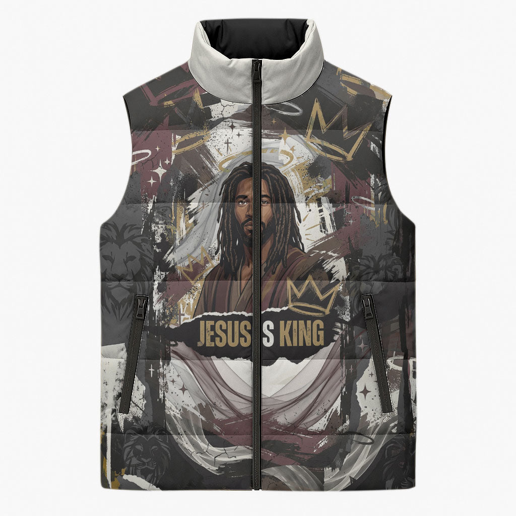 King Of Kings Jesus Is King Lion Of Judah Africa Sleeveless Puffer Jacket Black Christ Religious Faith Lion Crown Grunge