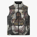 King Of Kings Jesus Is King Lion Of Judah Africa Sleeveless Puffer Jacket Black Christ Religious Faith Lion Crown Grunge