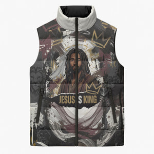 King Of Kings Jesus Is King Lion Of Judah Africa Sleeveless Puffer Jacket Black Christ Religious Faith Lion Crown Grunge