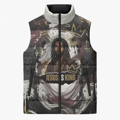 King Of Kings Jesus Is King Lion Of Judah Africa Sleeveless Puffer Jacket Black Christ Religious Faith Lion Crown Grunge