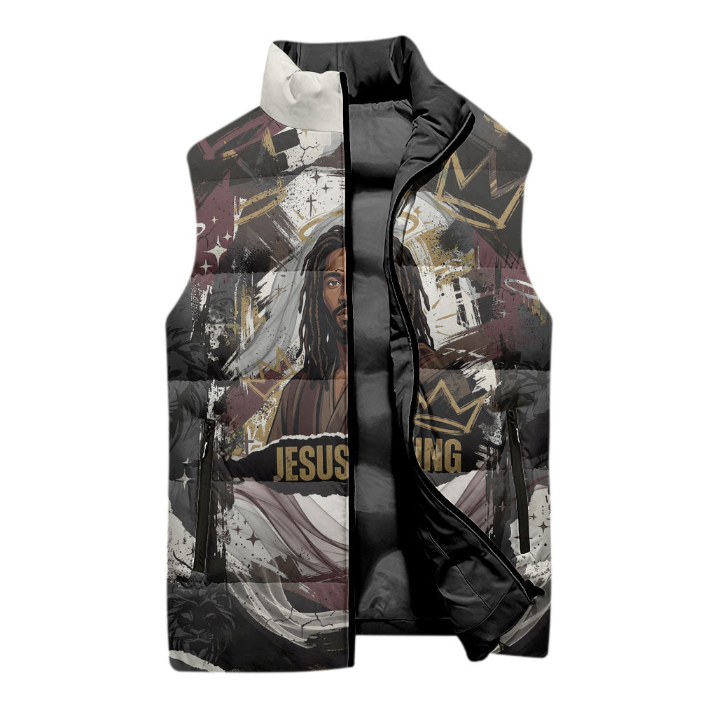 King Of Kings Jesus Is King Lion Of Judah Africa Sleeveless Puffer Jacket Black Christ Religious Faith Lion Crown Grunge