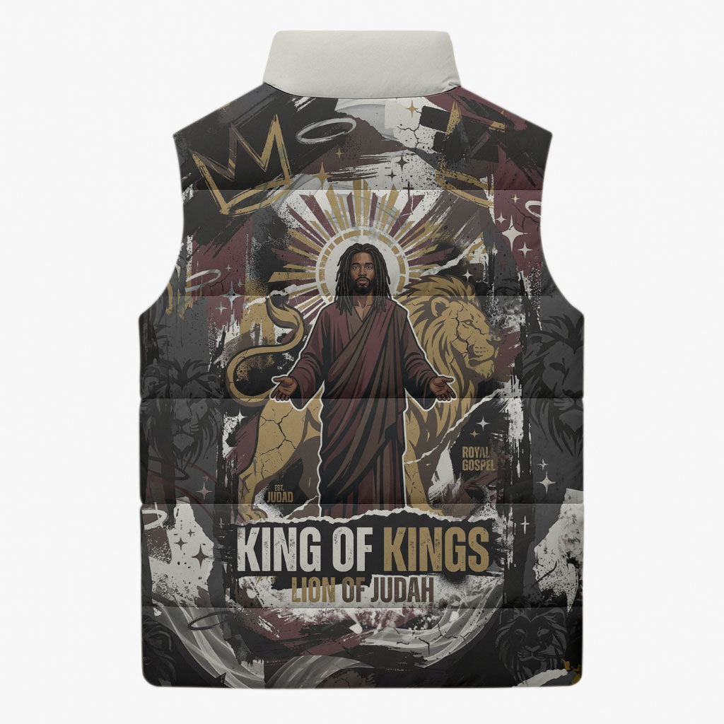 King Of Kings Jesus Is King Lion Of Judah Africa Sleeveless Puffer Jacket Black Christ Religious Faith Lion Crown Grunge