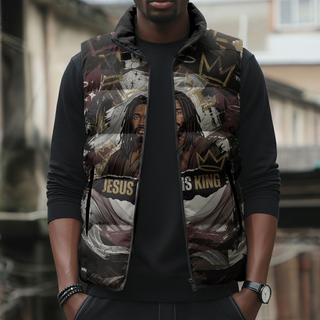 King Of Kings Jesus Is King Lion Of Judah Africa Sleeveless Puffer Jacket Black Christ Religious Faith Lion Crown Grunge