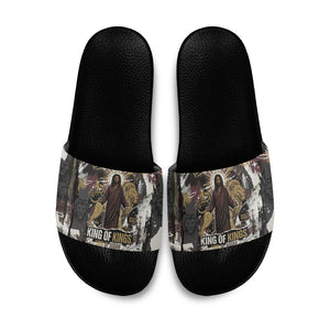 King Of Kings Jesus Is King Lion Of Judah Africa Slide Sandals Black Christ Religious Faith Lion Crown Grunge