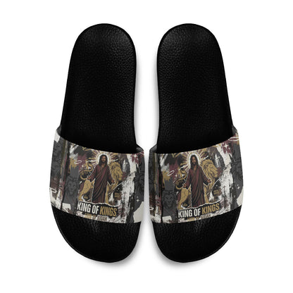 King Of Kings Jesus Is King Lion Of Judah Africa Slide Sandals Black Christ Religious Faith Lion Crown Grunge