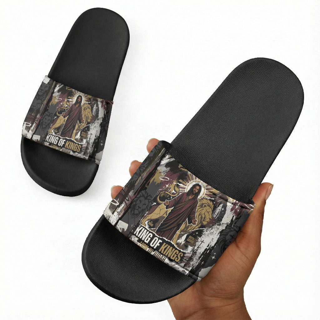 King Of Kings Jesus Is King Lion Of Judah Africa Slide Sandals Black Christ Religious Faith Lion Crown Grunge