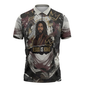 King Of Kings Jesus Is King Lion Of Judah Africa Zipper Polo Shirt Black Christ Religious Faith Lion Crown Grunge