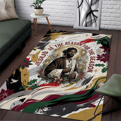 King Jesus Black Christmas Area Rug Religious Christian Faith Nativity Poinsettia