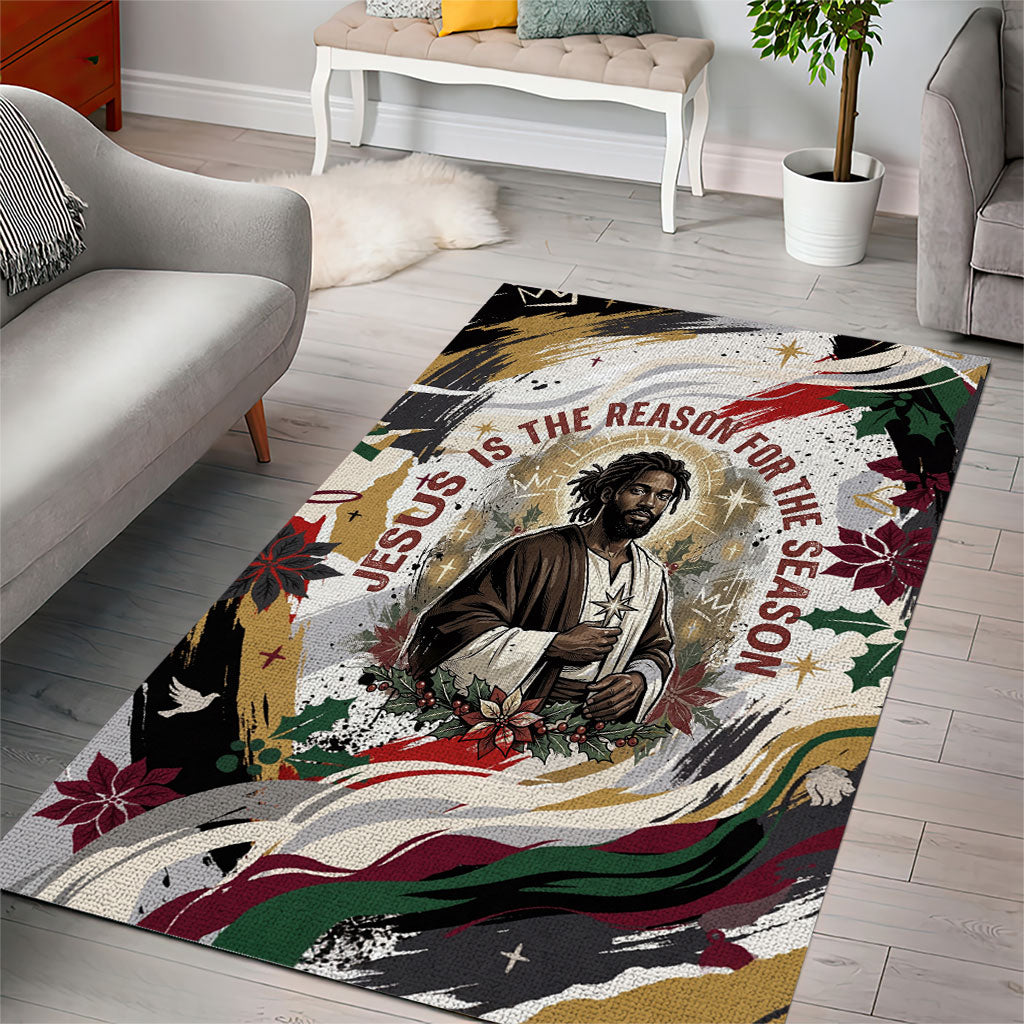 King Jesus Black Christmas Area Rug Religious Christian Faith Nativity Poinsettia