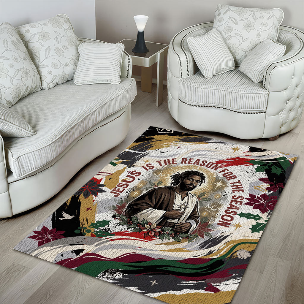 King Jesus Black Christmas Area Rug Religious Christian Faith Nativity Poinsettia