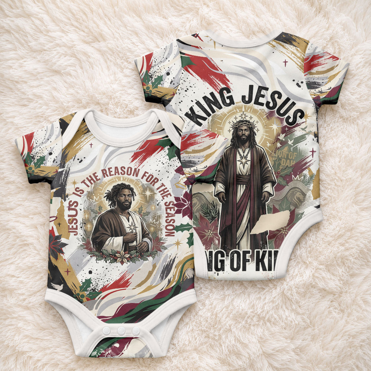 King Jesus Black Christmas Baby Onesie Religious Christian Faith Nativity Poinsettia