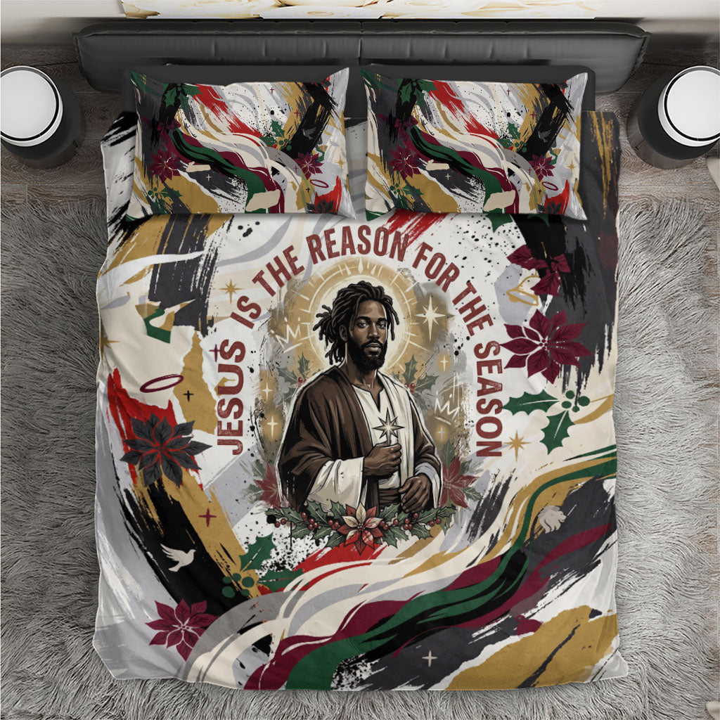King Jesus Black Christmas Bedding Set Religious Christian Faith Nativity Poinsettia
