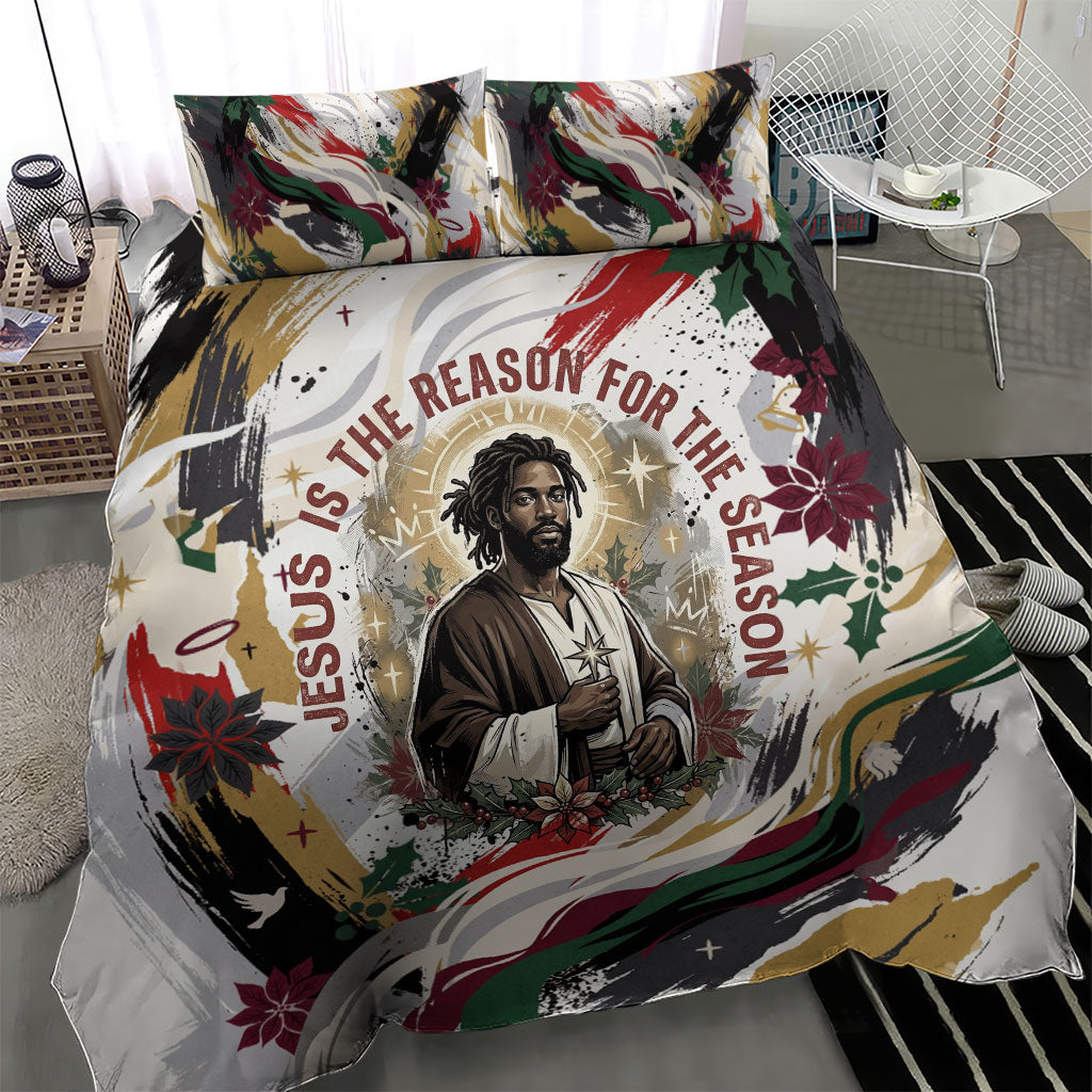 King Jesus Black Christmas Bedding Set Religious Christian Faith Nativity Poinsettia